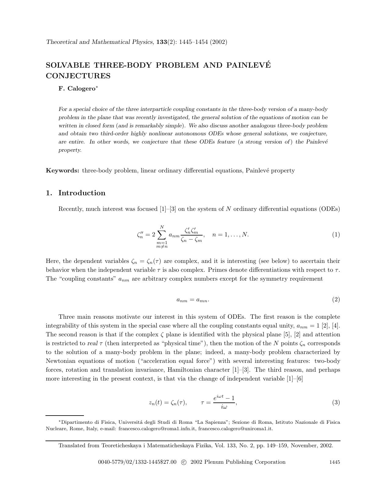 Solvable Three-Body Problem and Painlev&#x00E9; Conjectures by Unknown