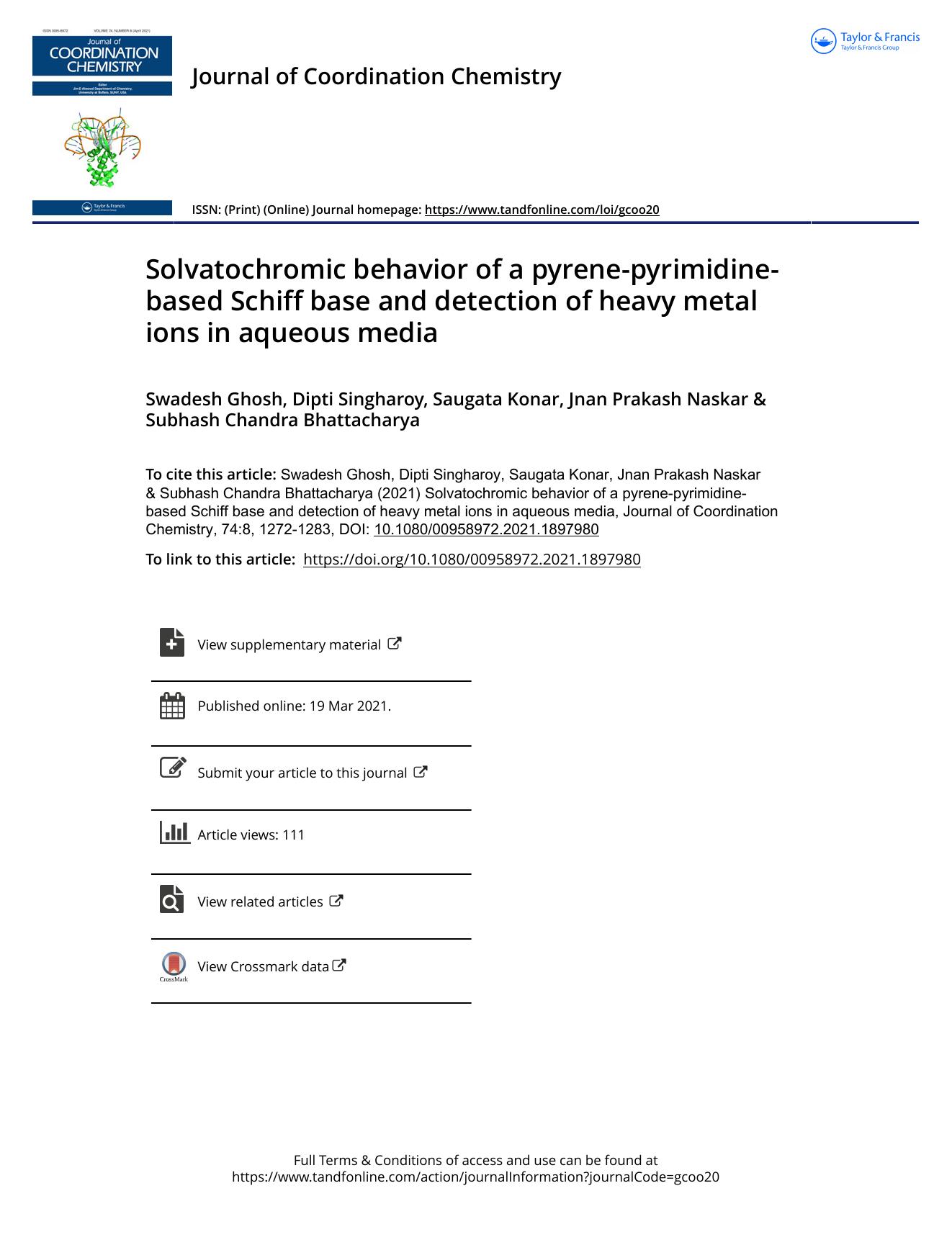 Solvatochromic behavior of a pyrene-pyrimidine-based Schiff base and detection of heavy metal ions in aqueous media by Ghosh Swadesh & Singharoy Dipti & Konar Saugata & Naskar Jnan Prakash & Bhattacharya Subhash Chandra