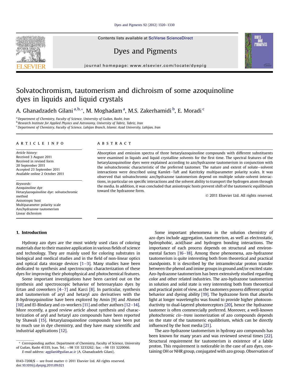 Solvatochromism, tautomerism and dichroism of some azoquinoline dyes in liquids and liquid crystals by A. Ghanadzadeh Gilani & M. Moghadam & M.S. Zakerhamidi & E. Moradi