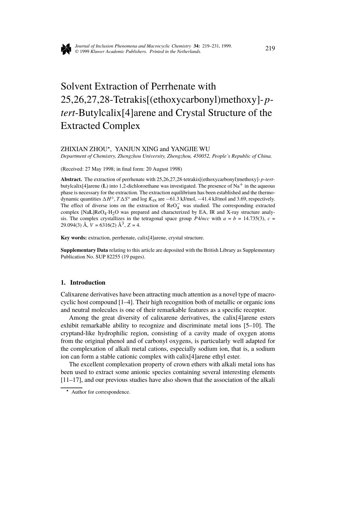 Solvent Extraction of Perrhenate with 25,26,27,28-Tetrakis[(ethoxycarbonyl)methoxy]-p- tert-Butylcalix[4]arene and Crystal Structure of the Extracted Complex by Unknown