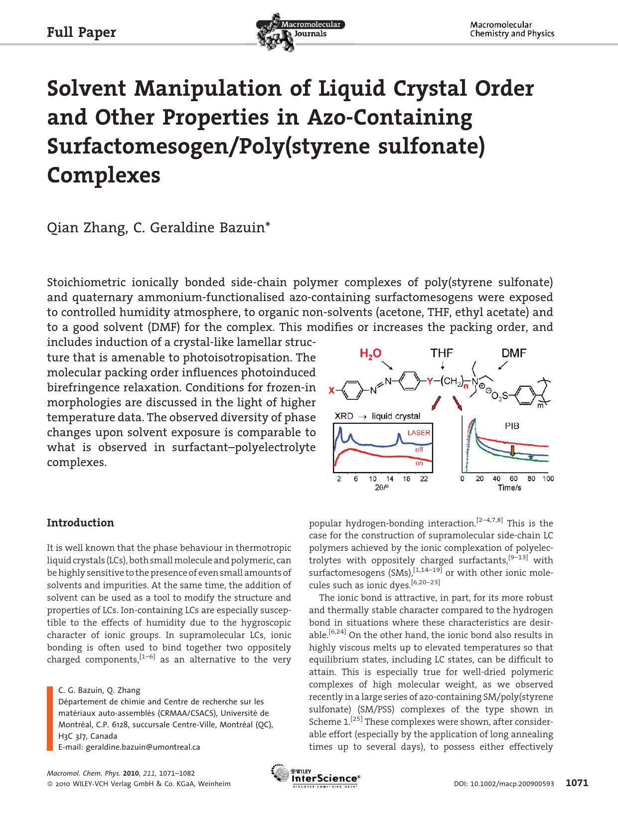 Solvent Manipulation of Liquid Crystal Order and Other Properties in Azo?Containing SurfactomesogenPoly(styrene sulfonate) Complexes by Unknown
