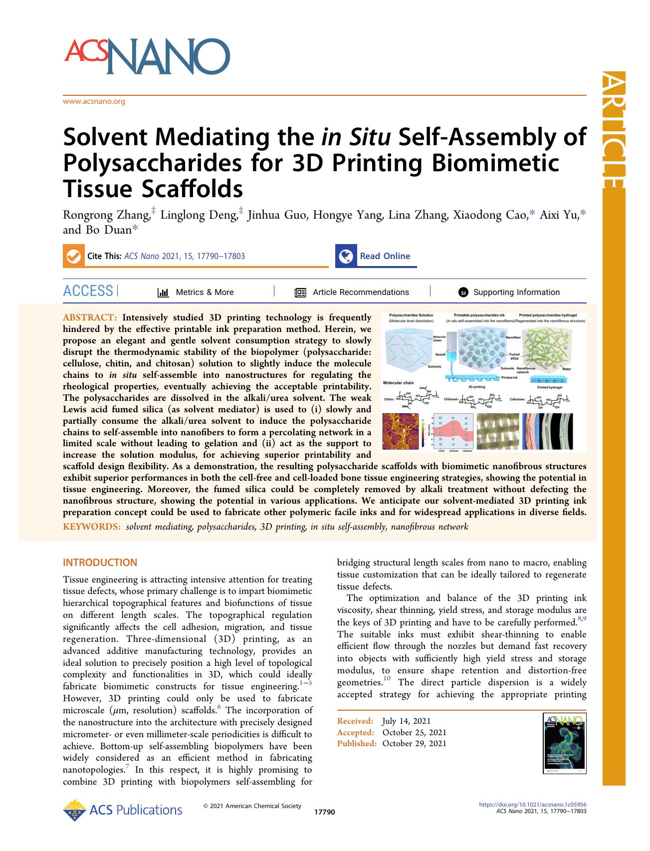Solvent Mediating the in Situ Self-Assembly of Polysaccharides for 3D Printing Biomimetic Tissue Scaffolds by unknow