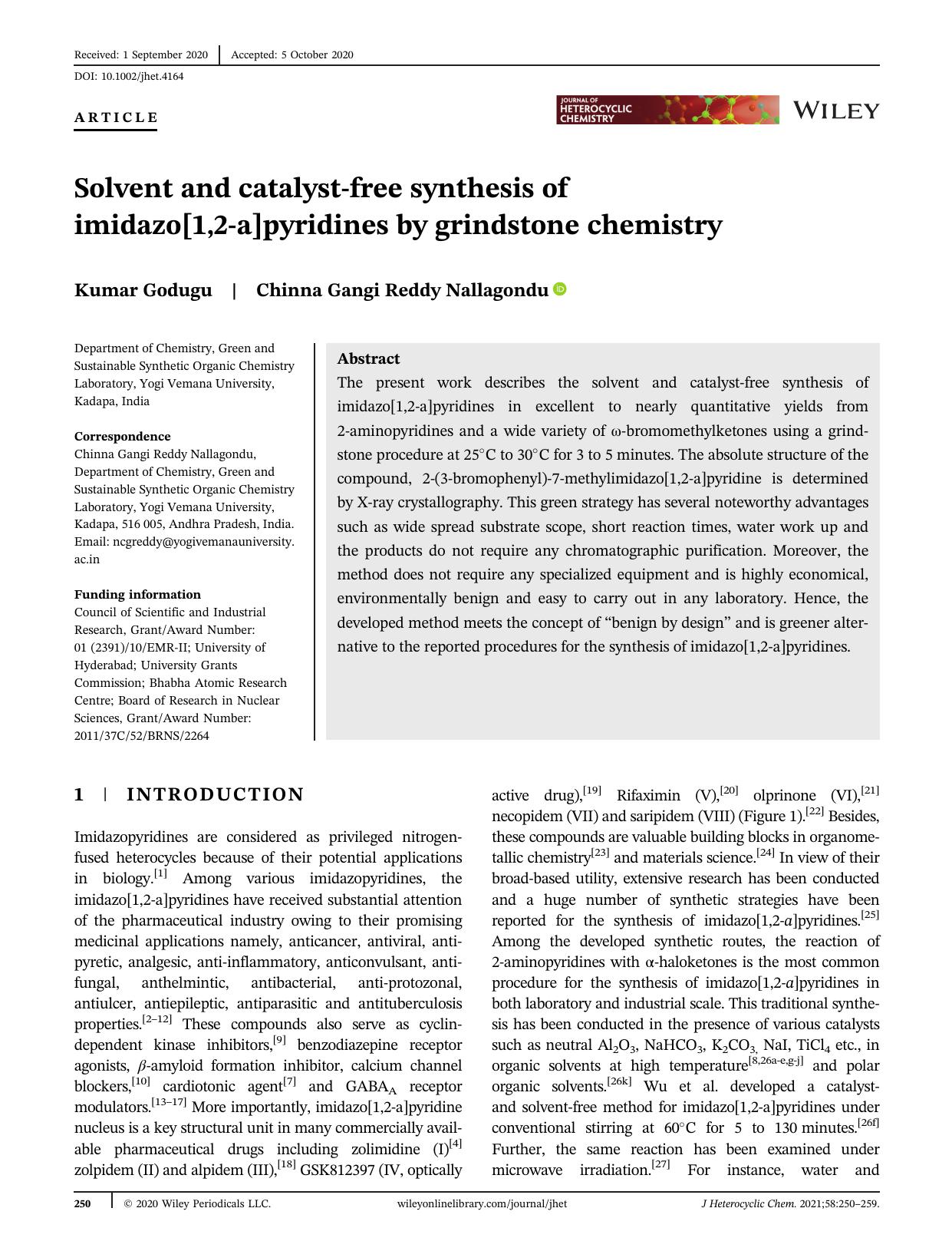 Solvent and catalyst free synthesis of imidazo[1,2-a]pyridines by grindstone chemistry by Unknown
