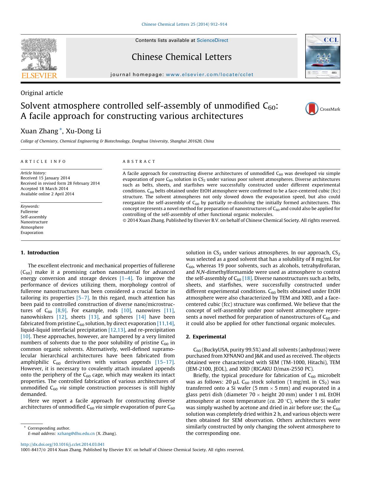 Solvent atmosphere controlled self-assembly of unmodified C60: A facile approach for constructing various architectures by Xuan Zhang & Xu-Dong Li