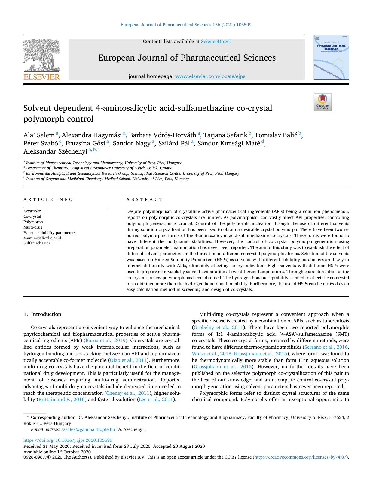 Solvent dependent 4-aminosalicylic acid-sulfamethazine co-crystal polymorph control by Ala’ Salem