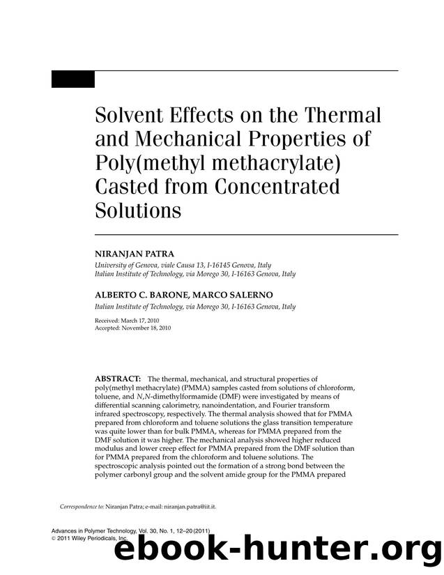 Solvent effects on the thermal and mechanical properties of poly(methyl methacrylate) casted from concentrated solutions by Unknown