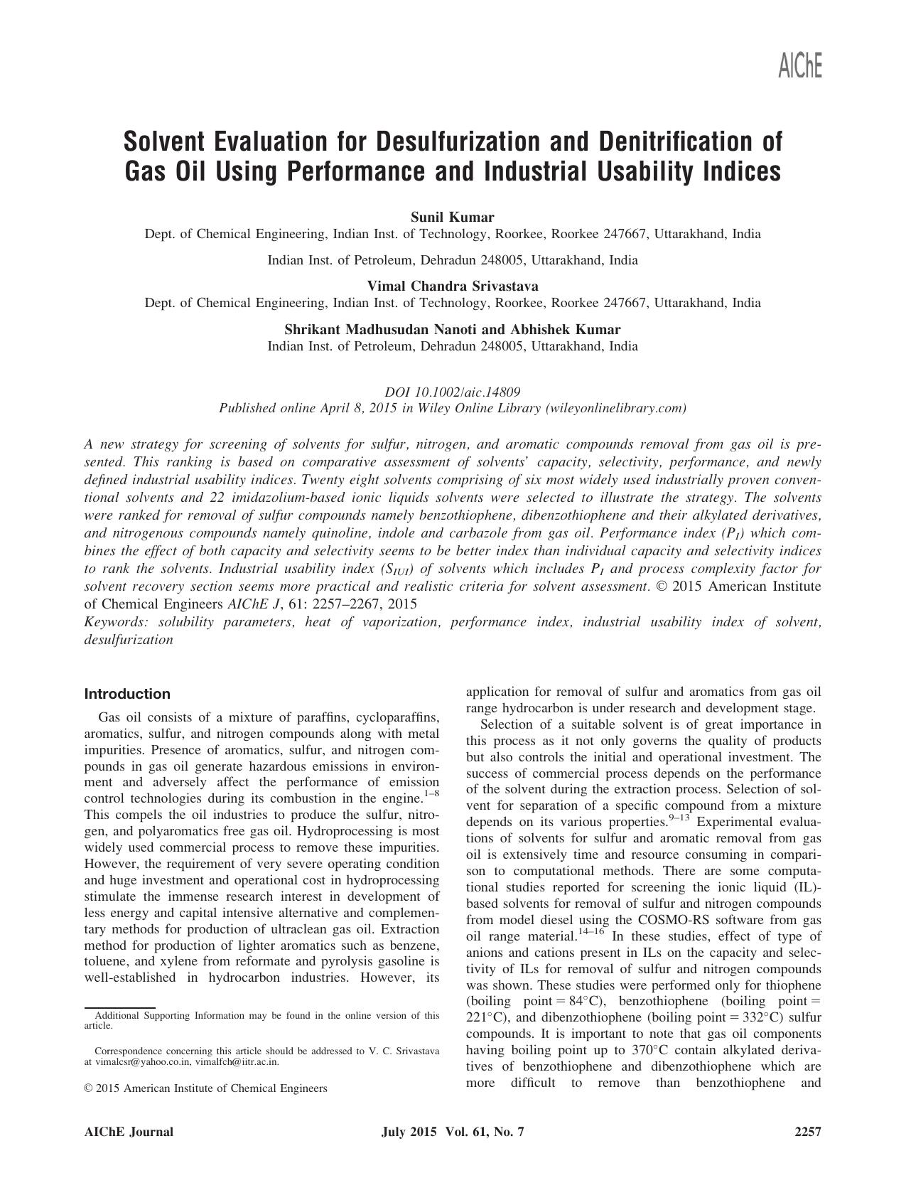 Solvent evaluation for desulfurization and denitrification of gas oil using performance and industrial usability indices by Unknown