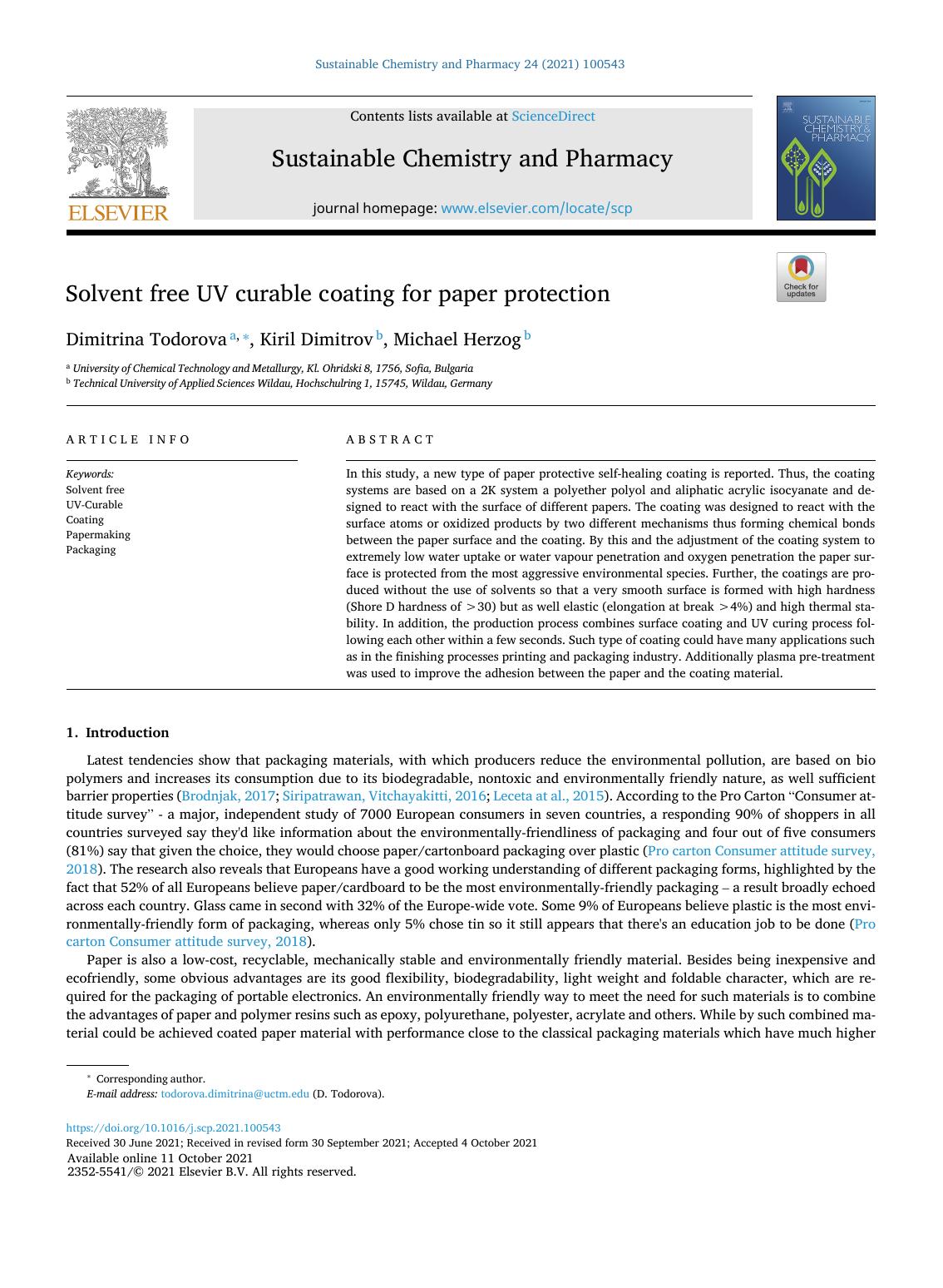 Solvent free UV curable coating for paper protection by Dimitrina Todorova & Kiril Dimitrov & Michael Herzog