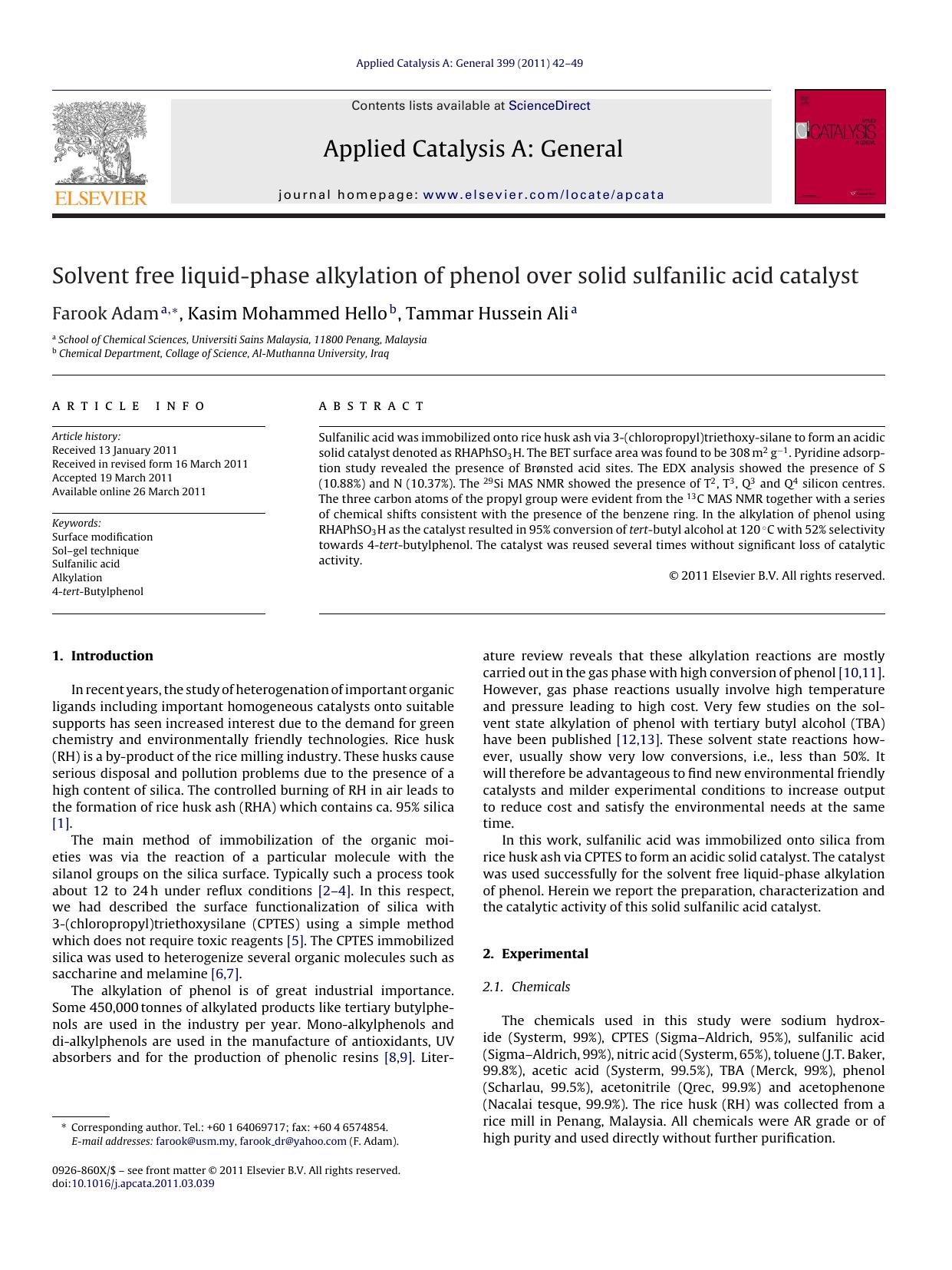Solvent free liquid-phase alkylation of phenol over solid sulfanilic acid catalyst by Farook Adam