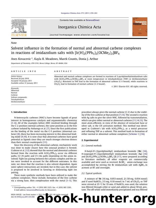 Solvent influence in the formation of normal and abnormal carbene complexes in reactions of imidazolium salts with [Ir(H)2(PPh3)2(OCMe2)2]BF4 by Anes Kovacevic & Kayla R. Meadows & Marek Counts & Donia J. Arthur