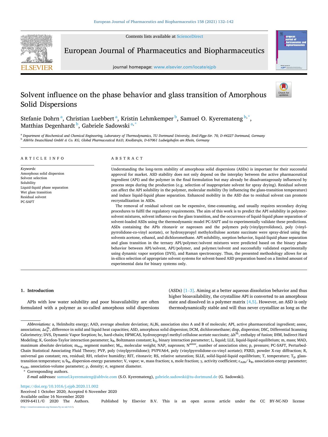 Solvent influence on the phase behavior and glass transition of Amorphous Solid Dispersions by unknow