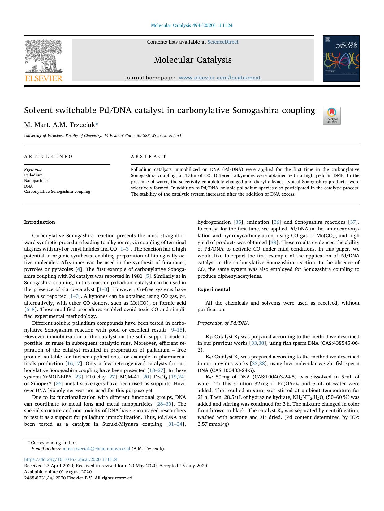 Solvent switchable PdDNA catalyst in carbonylative Sonogashira coupling by M. Mart & A.M. Trzeciak
