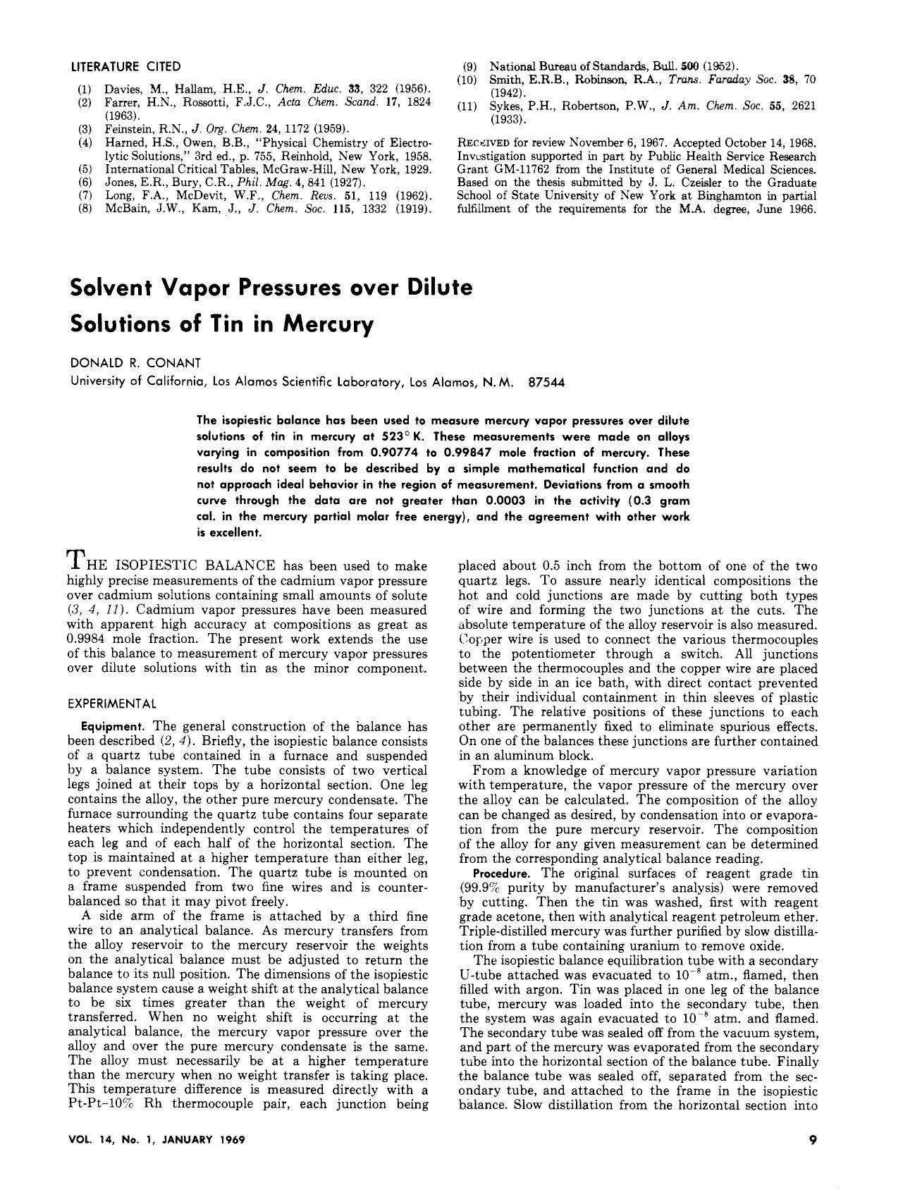 Solvent vapor pressures over dilute solutions of tin in mercury by Donald R. Conant