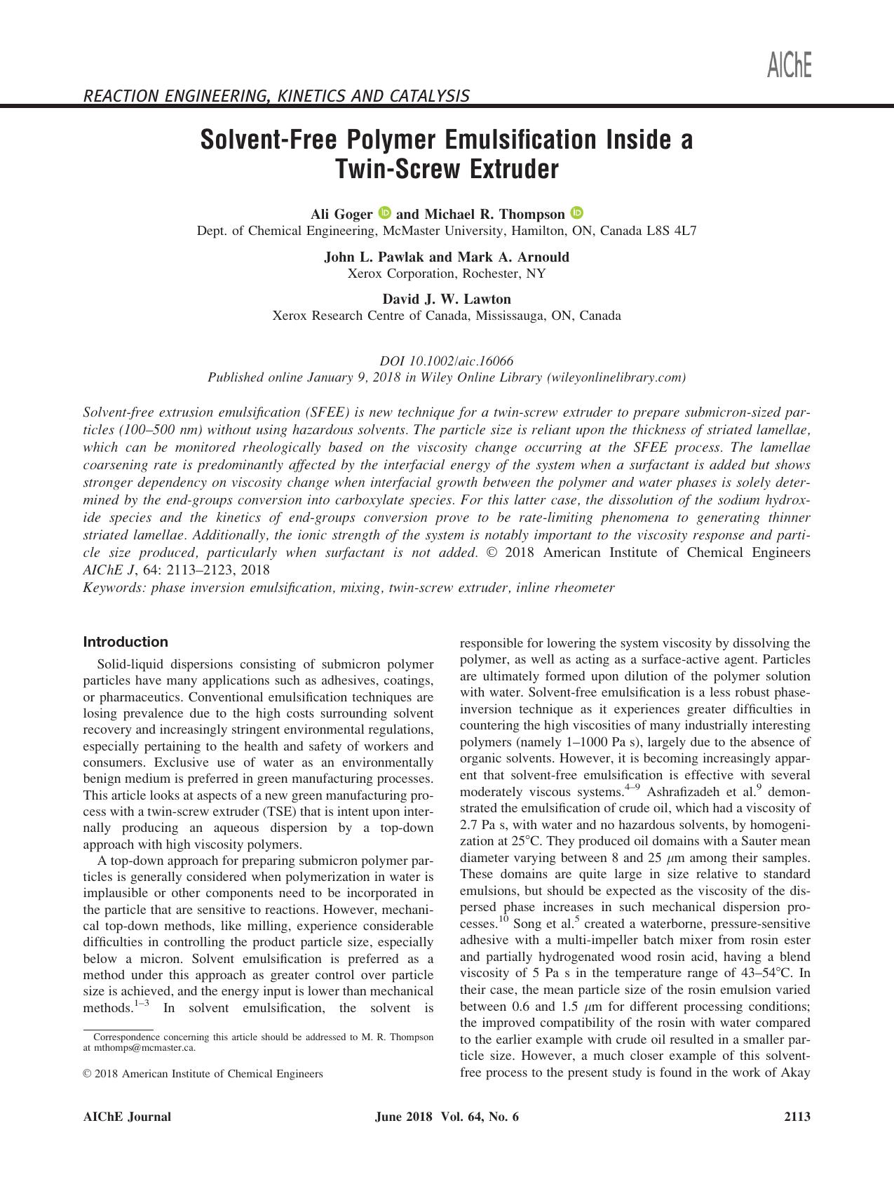 Solvent‐Free Polymer Emulsification Inside a Twin‐Screw Extruder by Unknown