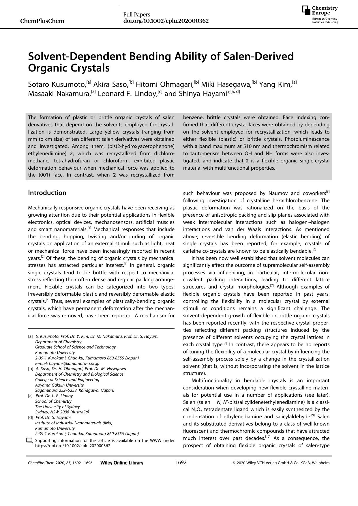 SolventâDependent Bending Ability of SalenâDerived Organic Crystals by Unknown
