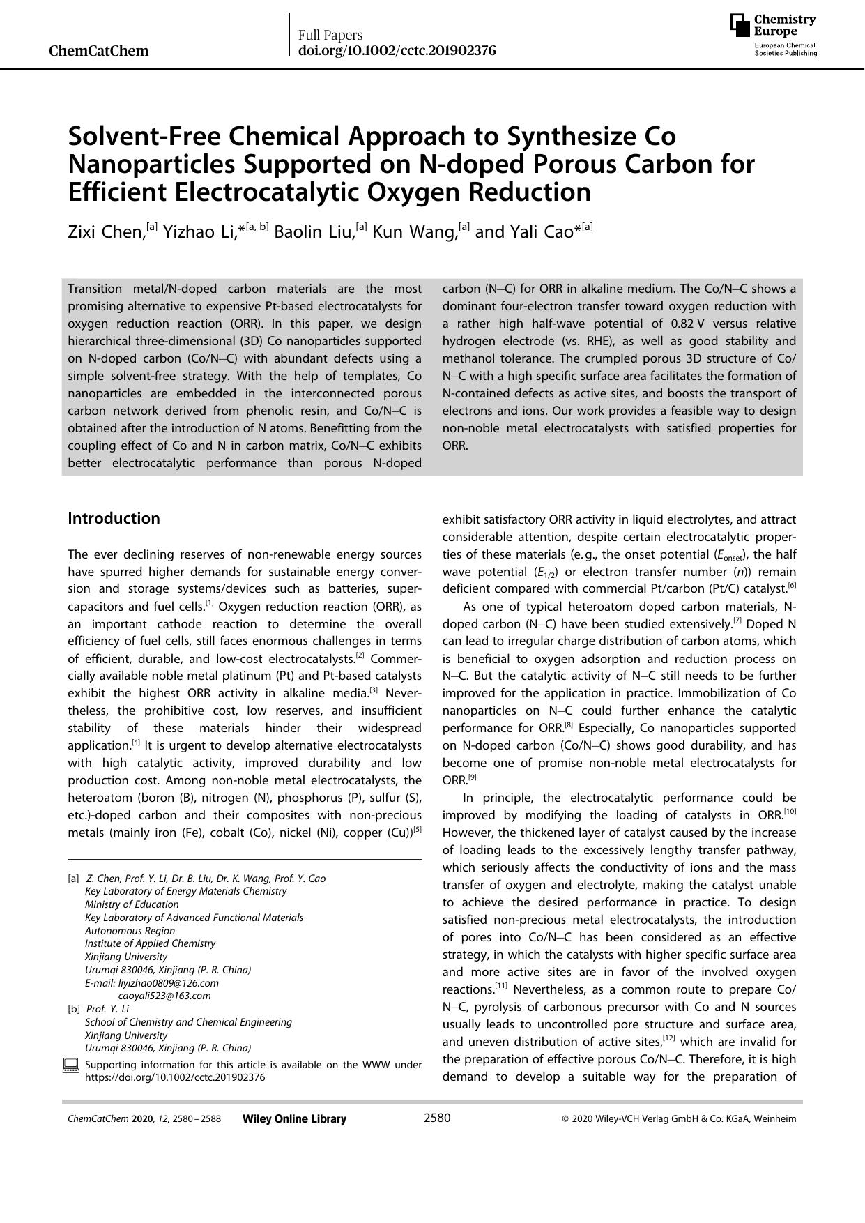 SolventâFree Chemical Approach to Synthesize Co Nanoparticles Supported on Nâdoped Porous Carbon for Efficient Electrocatalytic Oxygen Reduction by Unknown