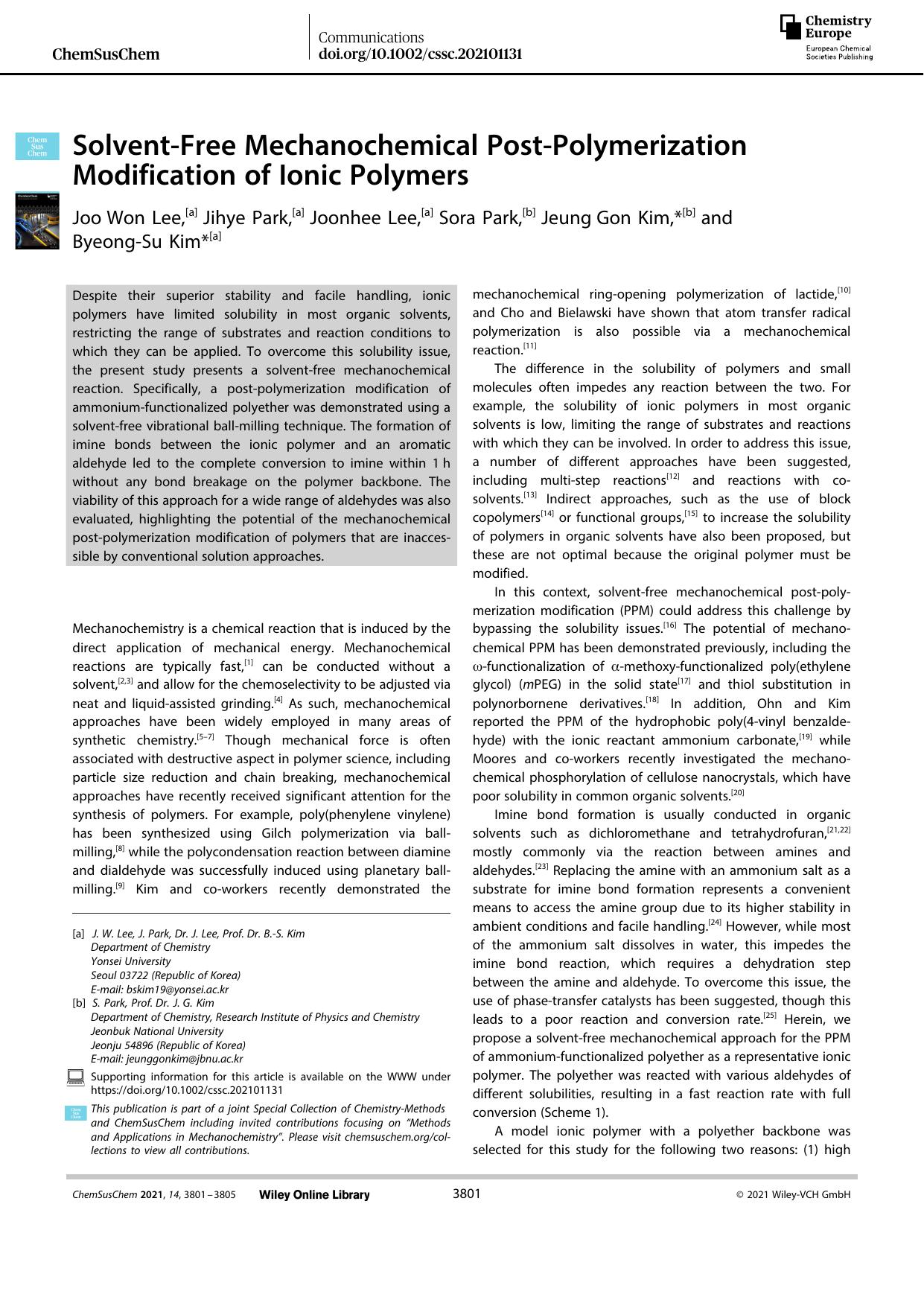 SolventâFree Mechanochemical PostâPolymerization Modification of Ionic Polymers by Unknown
