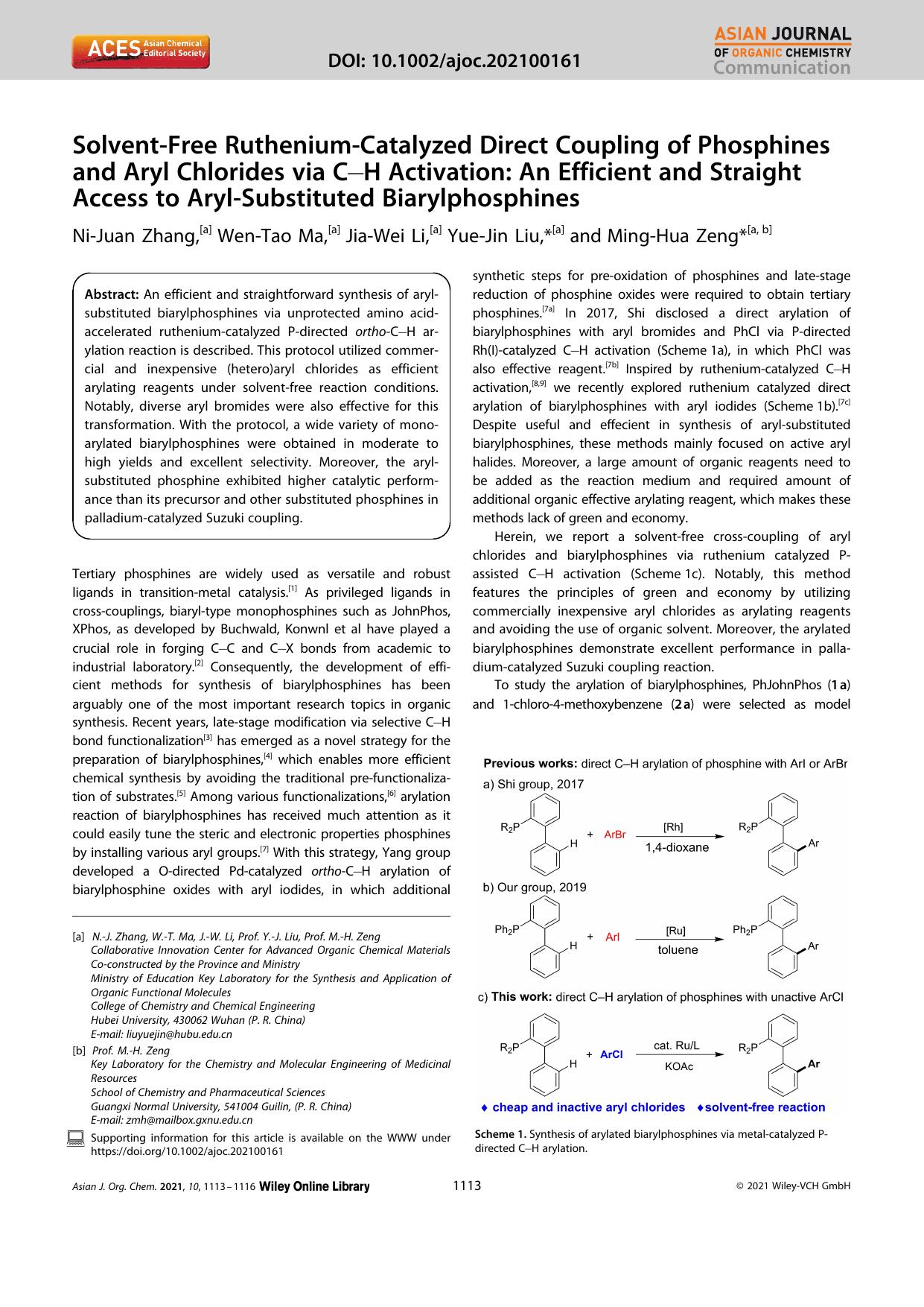SolventâFree RutheniumâCatalyzed Direct Coupling of Phosphines and Aryl Chlorides via CâH Activation: An Efficient and Straight Access to ArylâSubstituted Biarylphosphines by Unknown