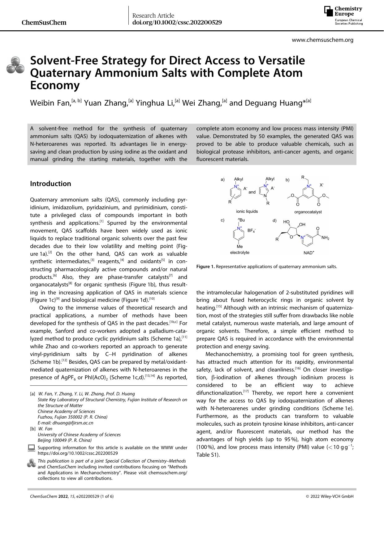 SolventâFree Strategy for Direct Access to Versatile Quaternary Ammonium Salts with Complete Atom Economy by Unknown