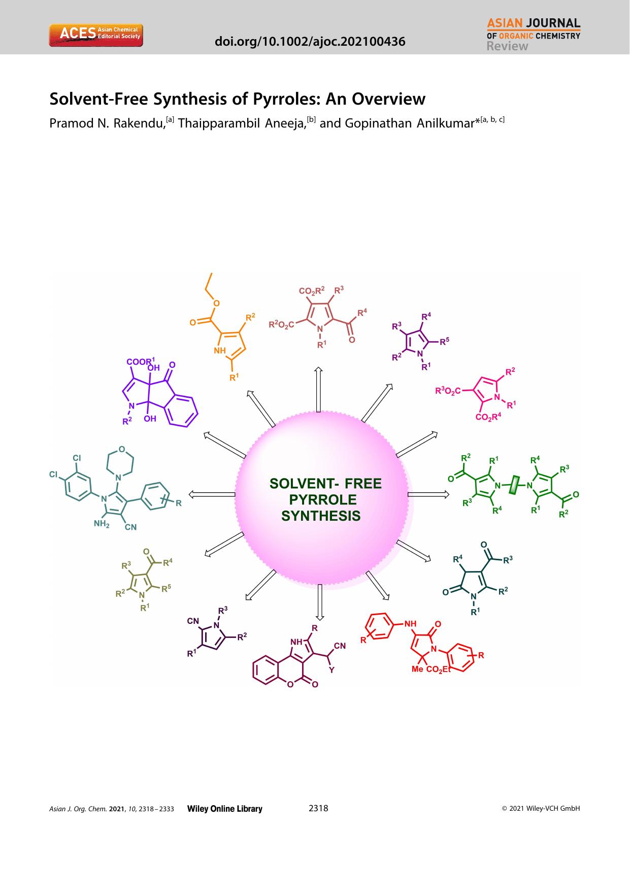 SolventâFree Synthesis of Pyrroles: An Overview by Unknown