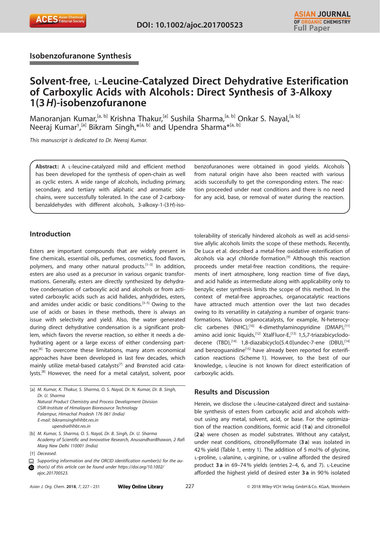 Solventâfree, lâLeucineâCatalyzed Direct Dehydrative Esterification of Carboxylic Acids with Alcohols: Direct Synthesis of 3âAlkoxy 1(3âH)âisobenzofuranone by Unknown