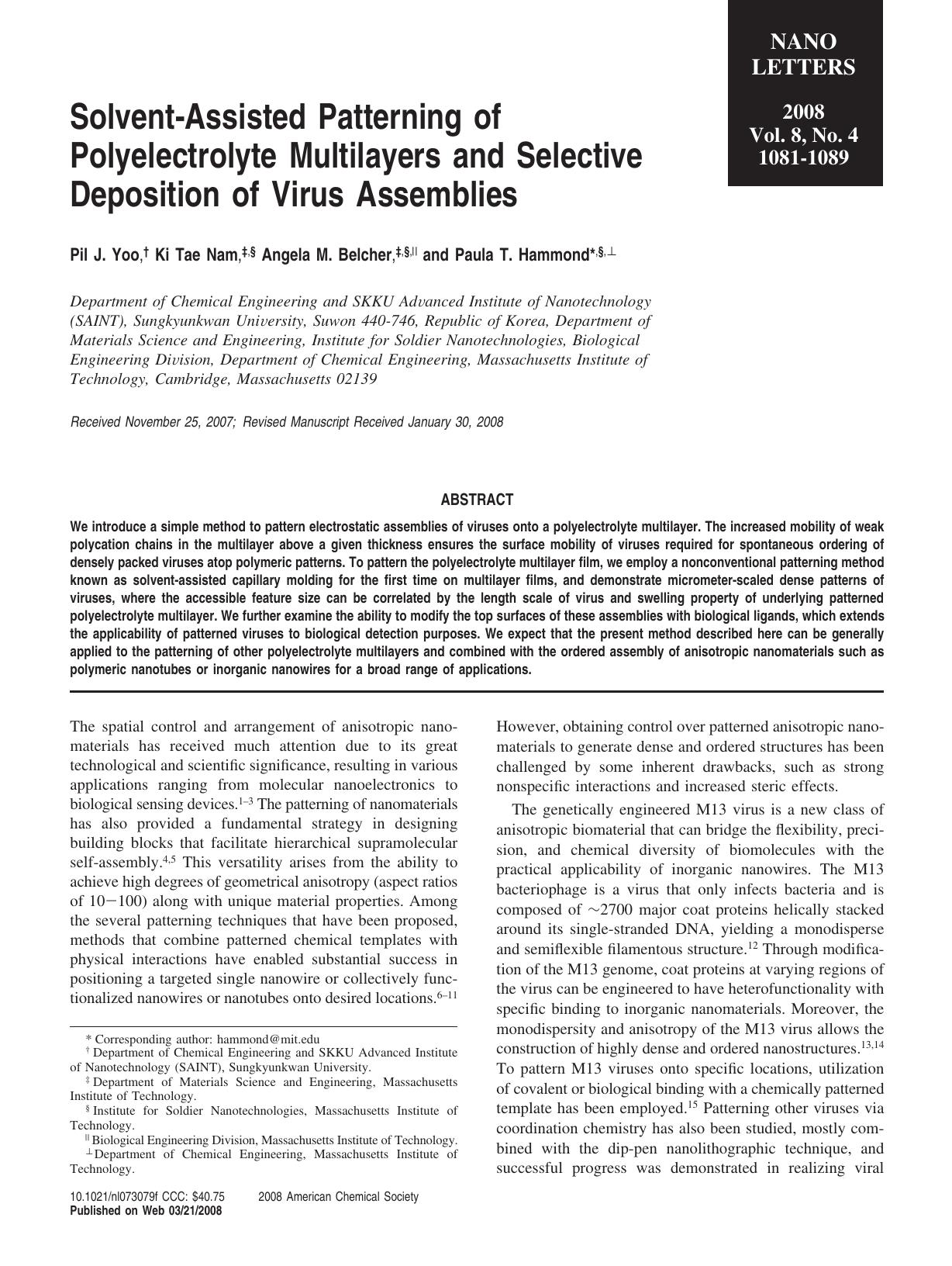 Solvent-Assisted Patterning of Polyelectrolyte Multilayers and Selective Deposition of Virus Assemblies by Unknown