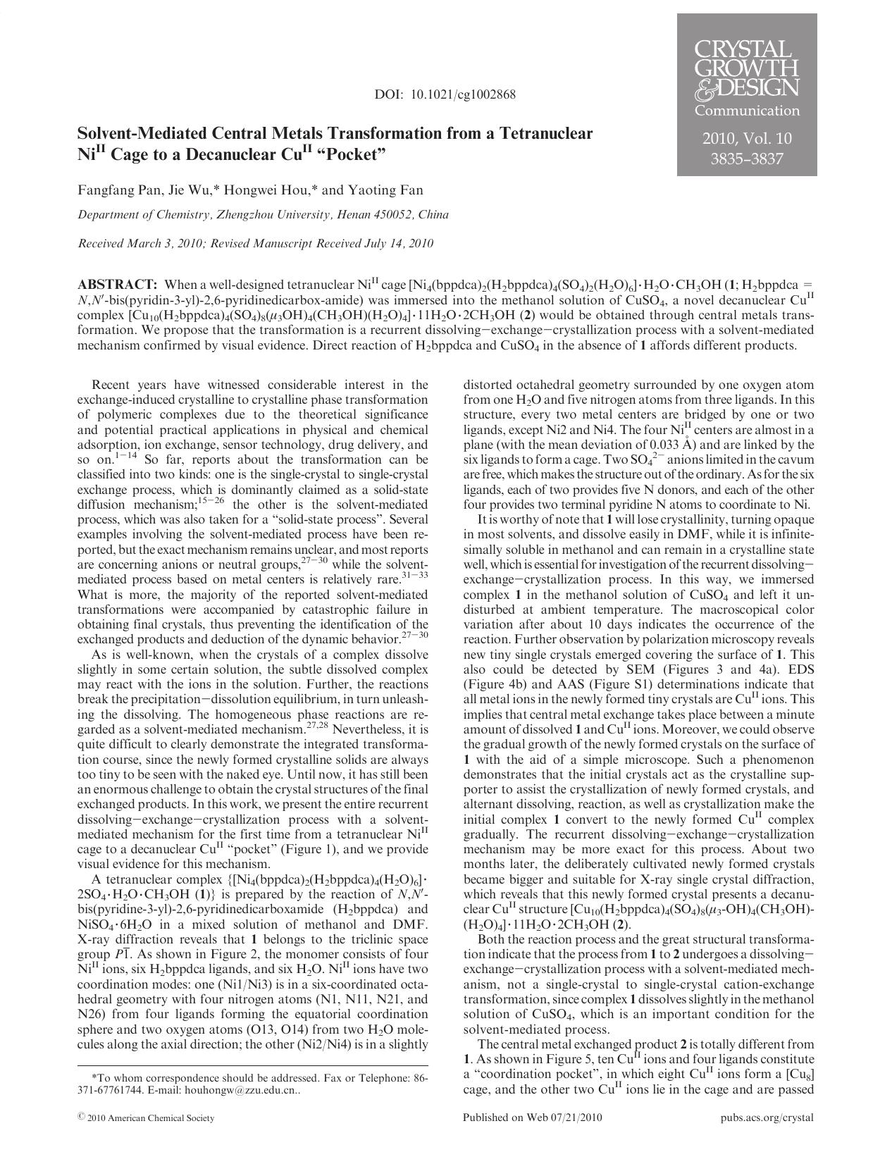 Solvent-Mediated Central Metals Transformation from a Tetranuclear Ni<sup>II<sup> Cage to a Decanuclear Cu<sup>II<sup> Pocket by Unknown