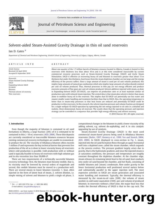 Solvent-aided Steam-Assisted Gravity Drainage in thin oil sand reservoirs by Ian D. Gates