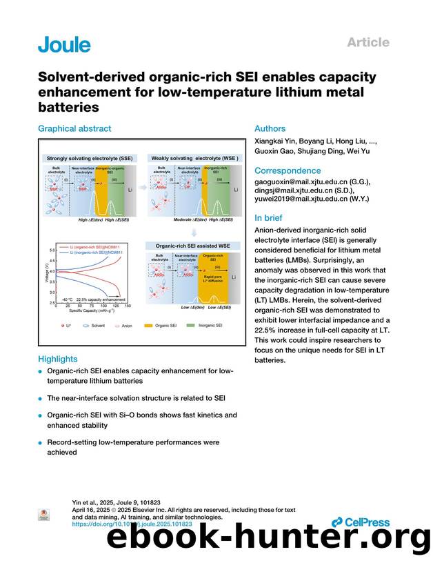 Solvent-derived organic-rich SEI enables capacity enhancement for low-temperature lithium metal batteries by unknow