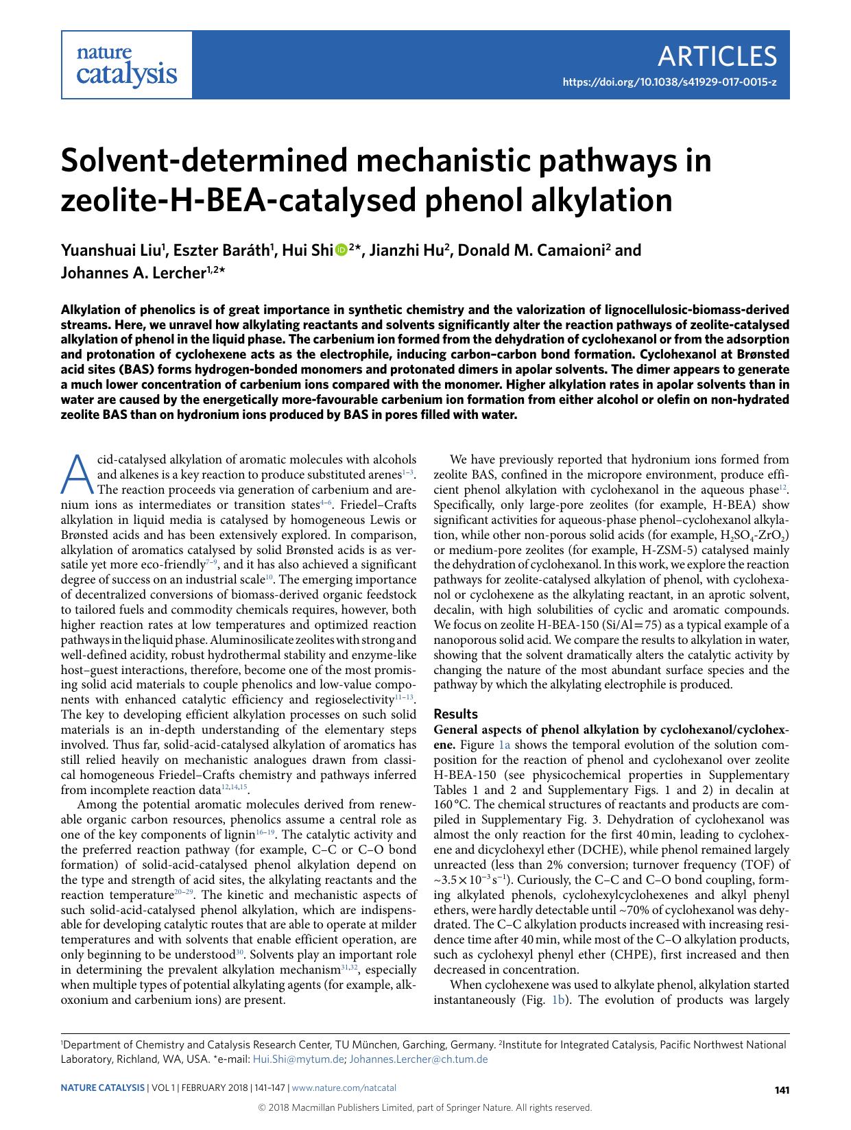 Solvent-determined mechanistic pathways in zeolite-H-BEA-catalysed phenol alkylation by Yuanshuai Liu & Eszter Baráth & Hui Shi & Jianzhi Hu & Donald M. Camaioni & Johannes A. Lercher