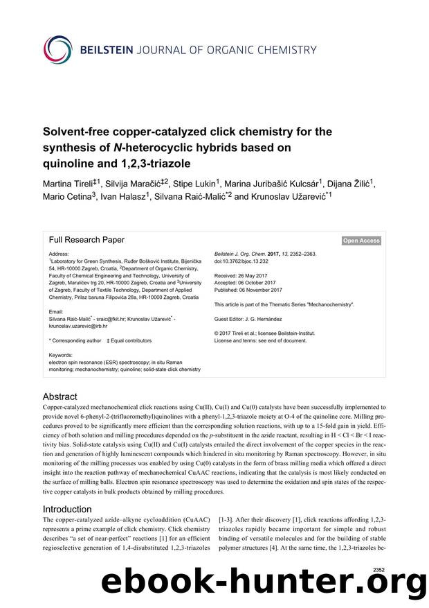 Solvent-free copper-catalyzed click chemistry for the synthesis of N-heterocyclic hybrids based on quinoline and 1,2,3-triazole by unknow
