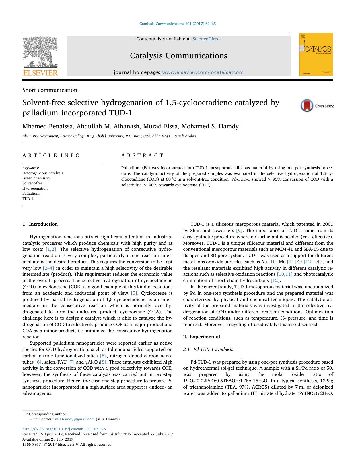 Solvent-free selective hydrogenation of 1,5-cyclooctadiene catalyzed by palladium incorporated TUD-1 by Mhamed Benaissa & Abdullah M. Alhanash & Murad Eissa & Mohamed S. Hamdy