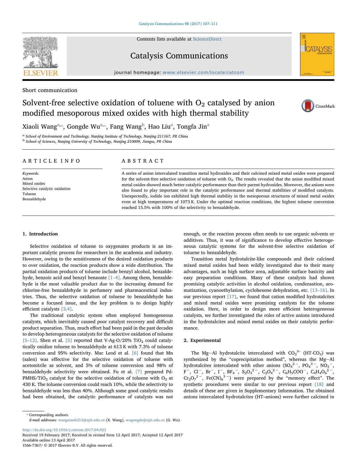 Solvent-free selective oxidation of toluene with O2 catalysed by anion modified mesoporous mixed oxides with high thermal stability by Xiaoli Wang & Gongde Wu & Fang Wang & Hao Liu & Tongfa Jin