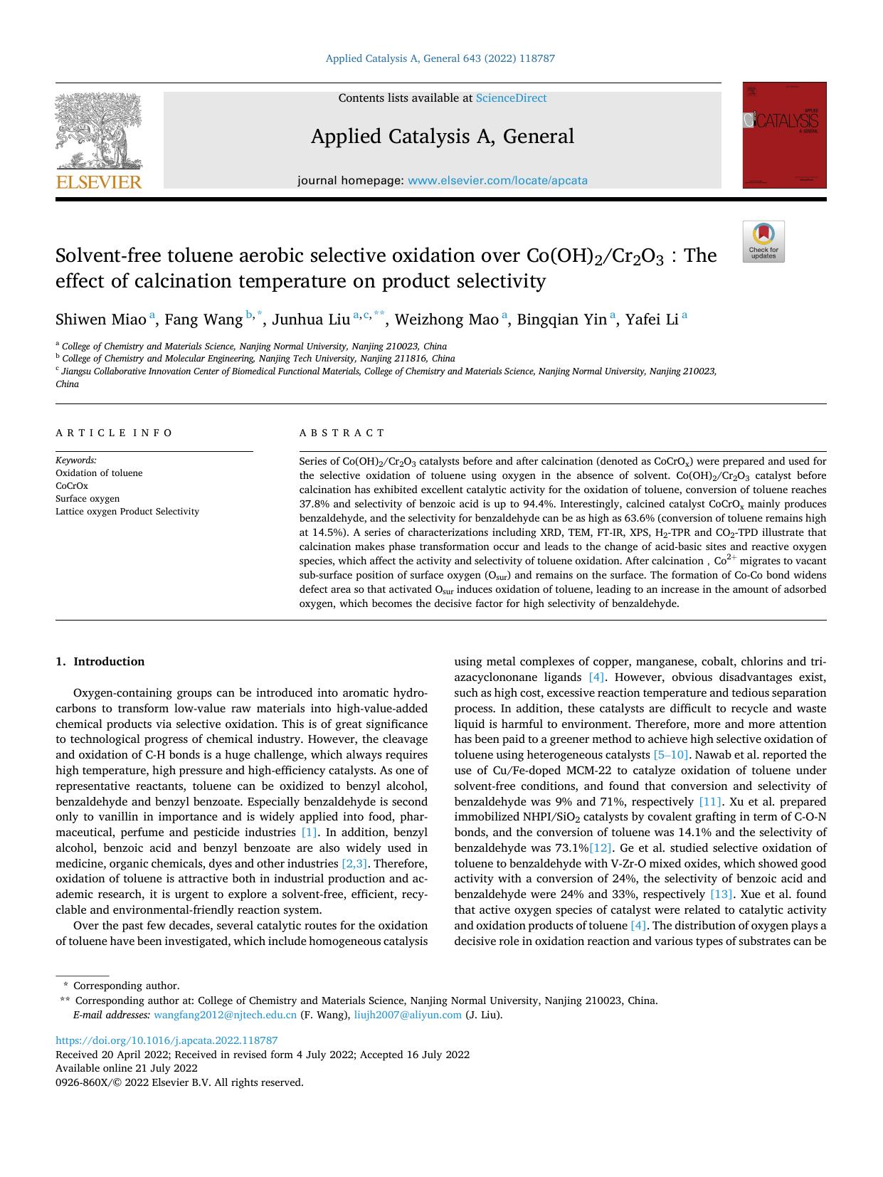 Solvent-free toluene aerobic selective oxidation over Co(OH)2Cr2O3ï¼The effect of calcination temperature on product selectivity by Shiwen Miao & Fang Wang & Junhua Liu & Weizhong Mao & Bingqian Yin & Yafei Li