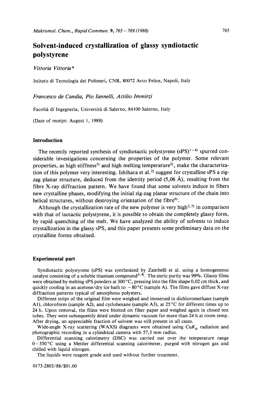 Solvent-induced crystallization of glassy syndiotactic polystyrene by Unknown