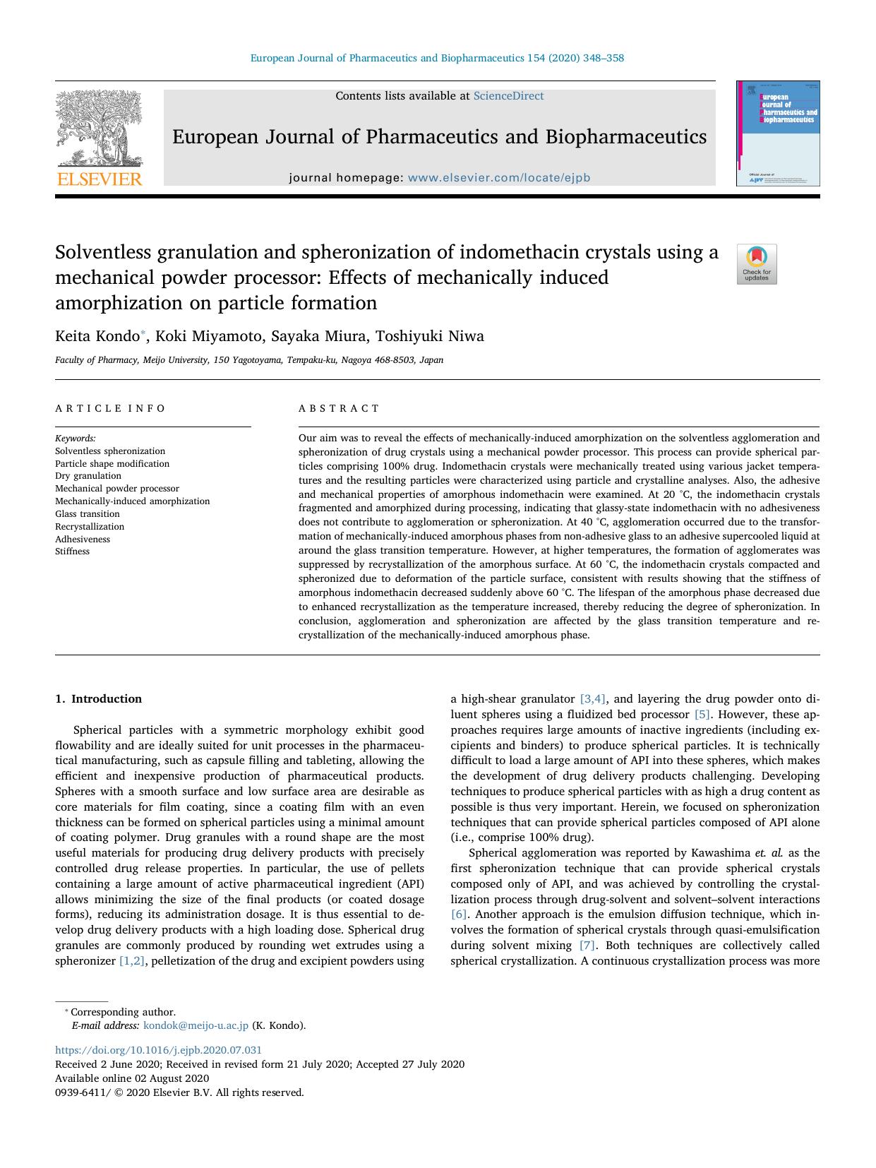Solventless granulation and spheronization of indomethacin crystals using a mechanical powder processor_ Effects of mechanically induced amorphization on particle formation by Keita Kondo & Koki Miyamoto & Sayaka Miura & Toshiyuki Niwa
