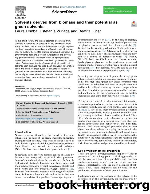 Solvents derived from biomass and their potential as green solvents by Laura Lomba & Estefanía Zuriaga & Beatriz Giner