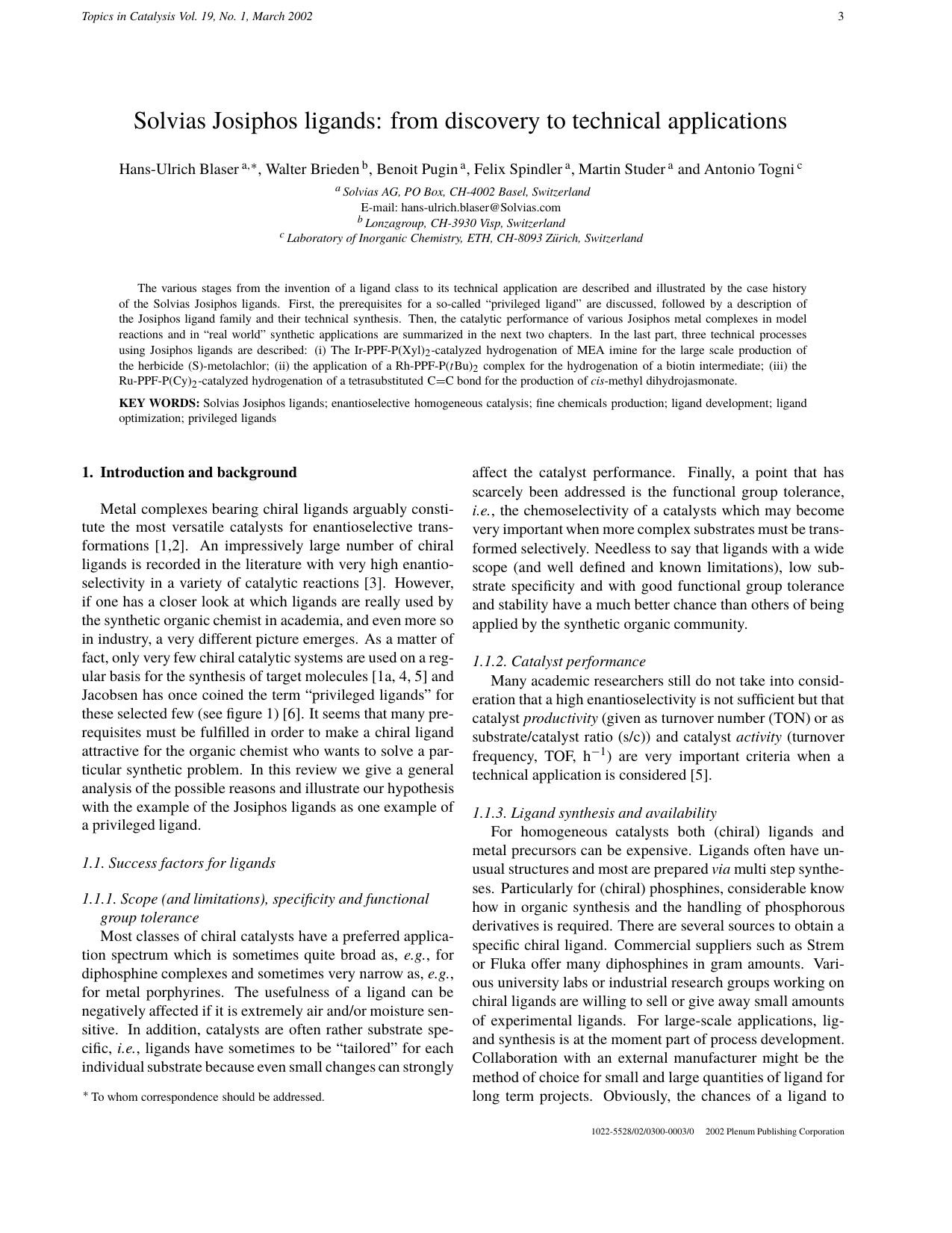 Solvias Josiphos Ligands: From Discovery to Technical Applications by Unknown