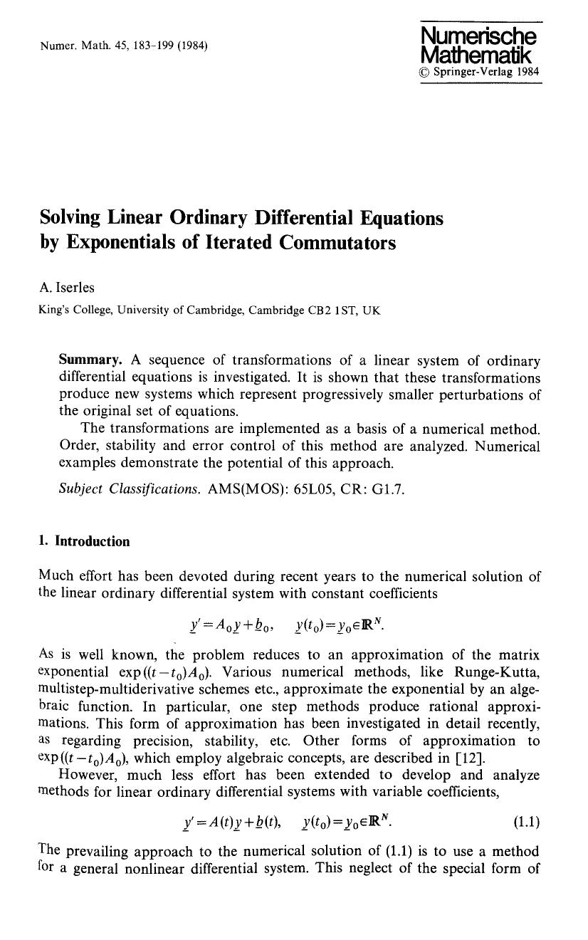 Solving linear ordinary differential equations by exponentials of iterated commutators by Unknown