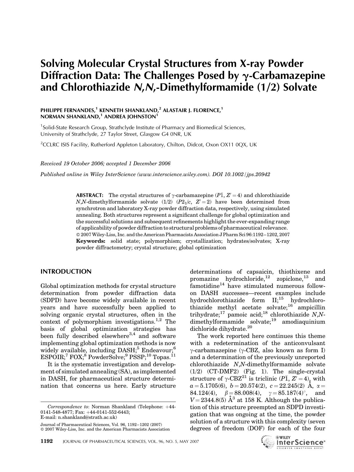 Solving molecular crystal structures from X-ray powder diffraction data: The challenges posed by [gamma]-carbamazepine and chlorothiazide N,N,-dimethylformamide (12) solvate by Unknown