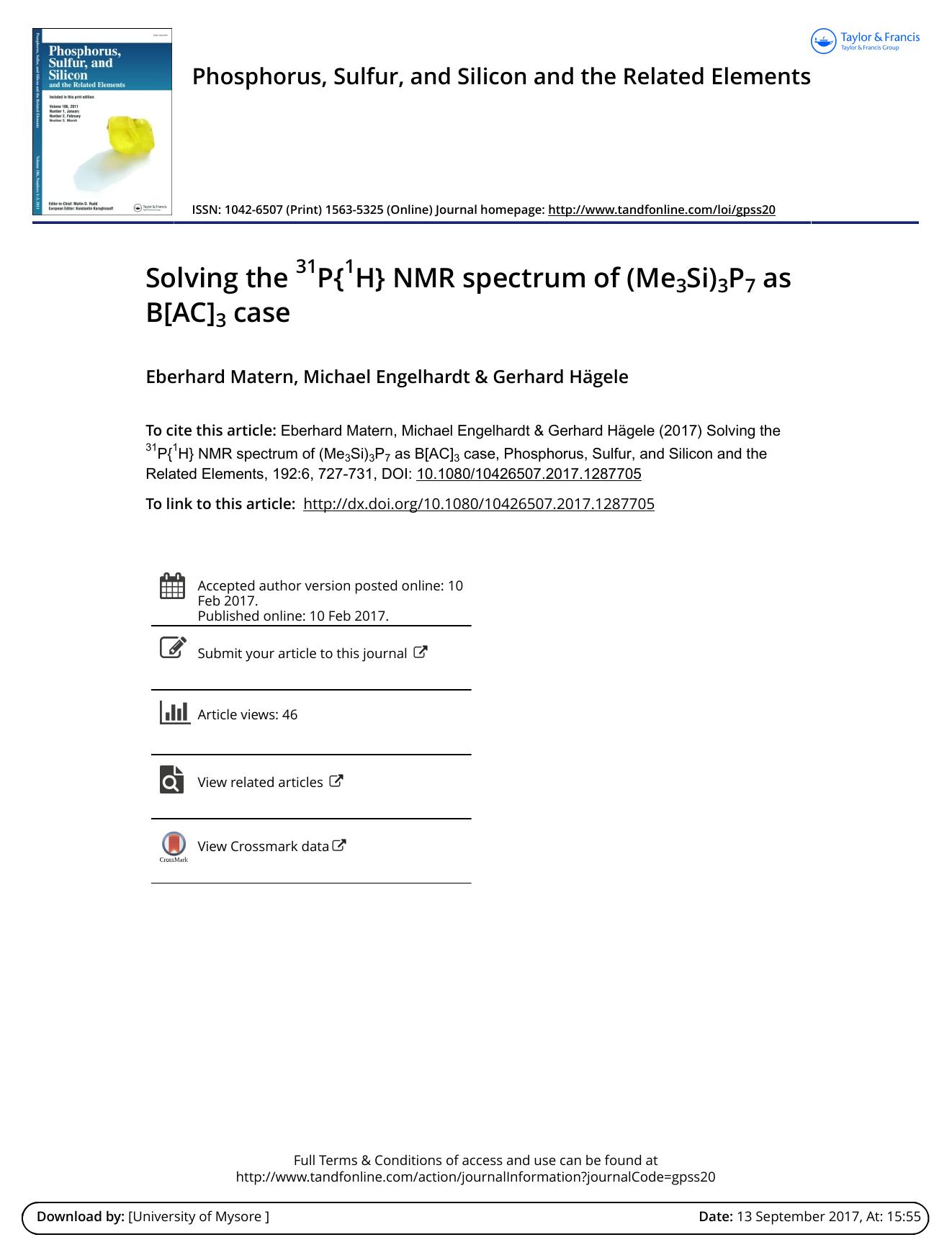 Solving the 31P'17331H'175 NMR spectrum of (Me3Si)3P3 as B[AC]3 case by Eberhard Matern & Michael Engelhardt & Gerhard Hagele