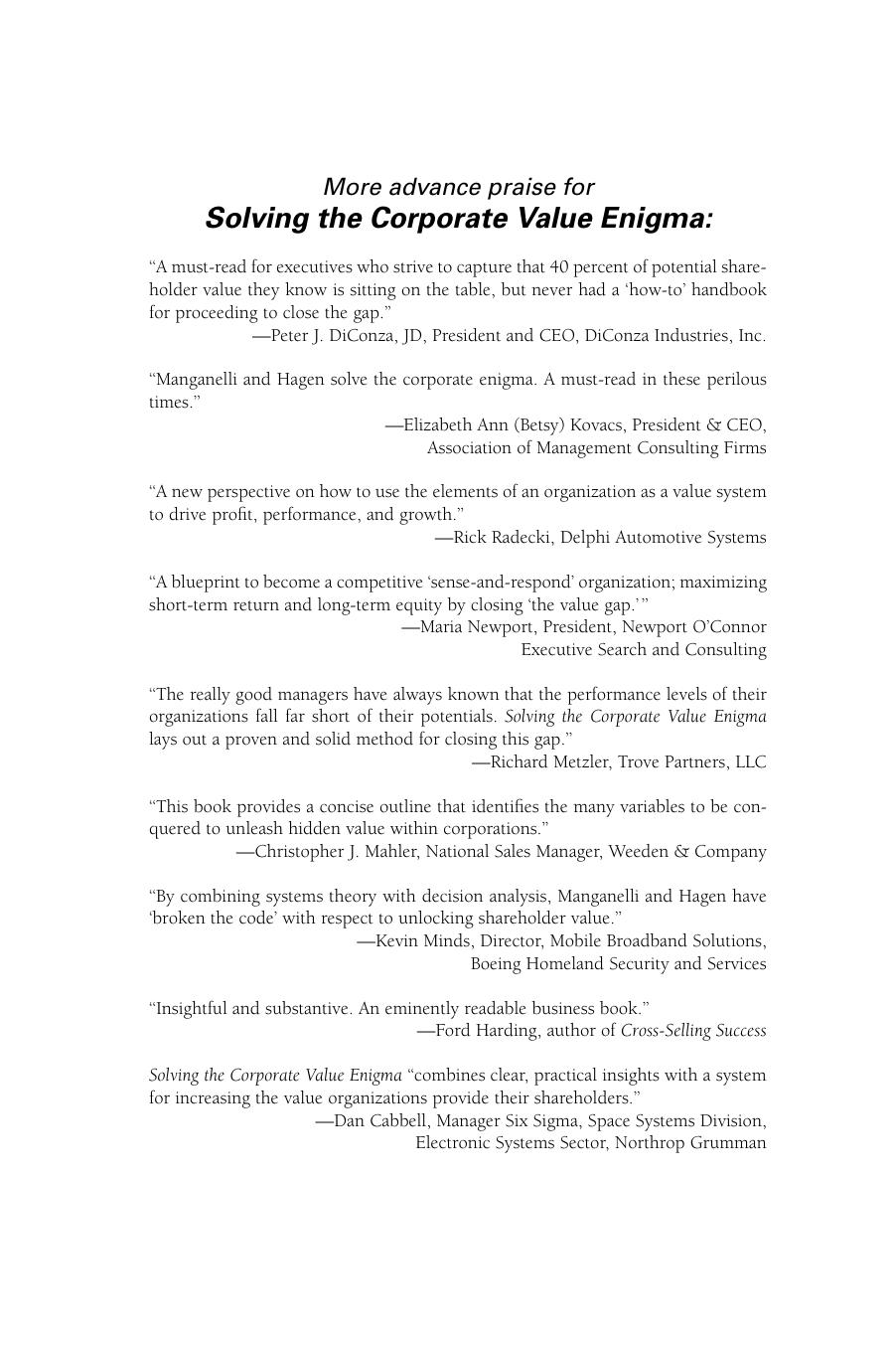 Solving the Corporate Value Enigma : A System to Unlock Shareholder Value by Raymond L. Manganelli; Brian W Hagen; Brian W Hagen