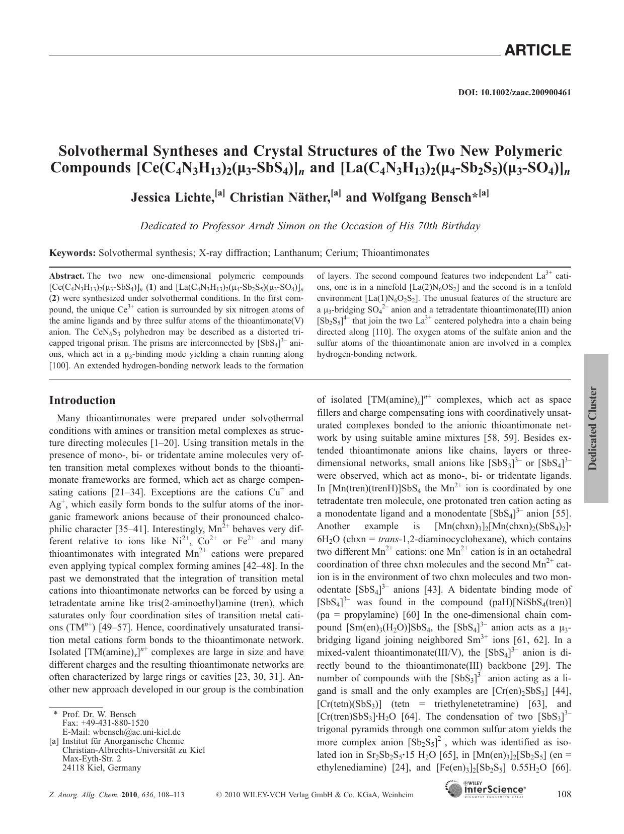 Solvothermal Syntheses and Crystal Structures of the Two New Polymeric Compounds [Ce(C4N3H13)2(?3?SbS4)]n and [La(C4N3H13)2(?4?Sb2S5)(?3?SO4)]nâ¬ by Unknown