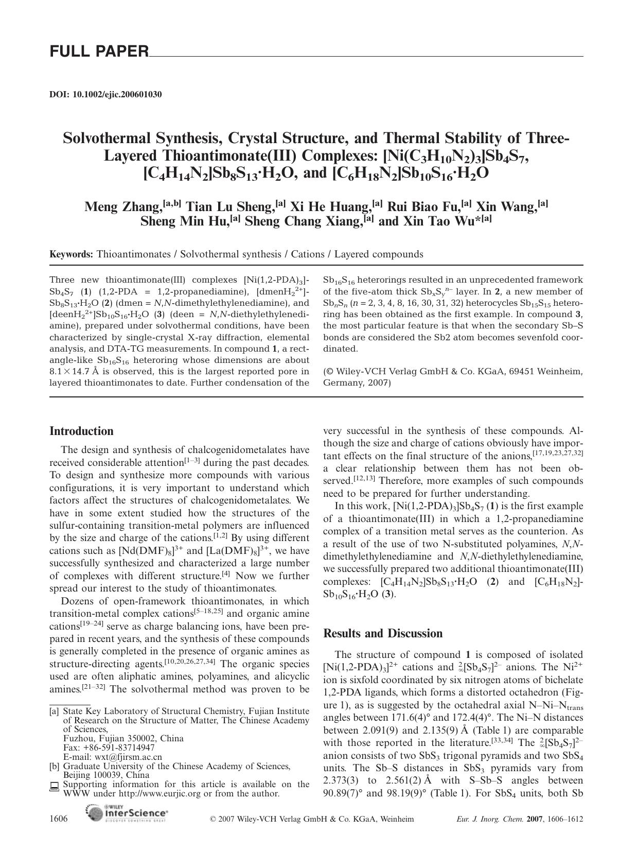 Solvothermal Synthesis, Crystal Structure, and Thermal Stability of Three-Layered Thioantimonate(III) Complexes: [Ni(C3H10N2)3]Sb4S7, [C4H14N2]Sb8S13Â·H2O, and [C6H18N2]Sb10S16Â·H2O by Unknown
