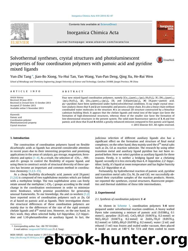 Solvothermal syntheses, crystal structures and photoluminescent properties of four coordination polymers with pamoic acid and pyridine mixed ligands by Yun-Zhi Tang & Jian-Bo Xiong & Yu-Hui Tan & Yan Wang & Yun-Pan Deng & Qing Xu & He-Rui Wen