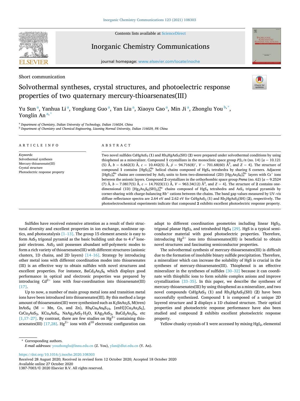 Solvothermal syntheses, crystal structures, and photoelectric response properties of two quaternary mercury-thioarsenates(III) by Yu Sun