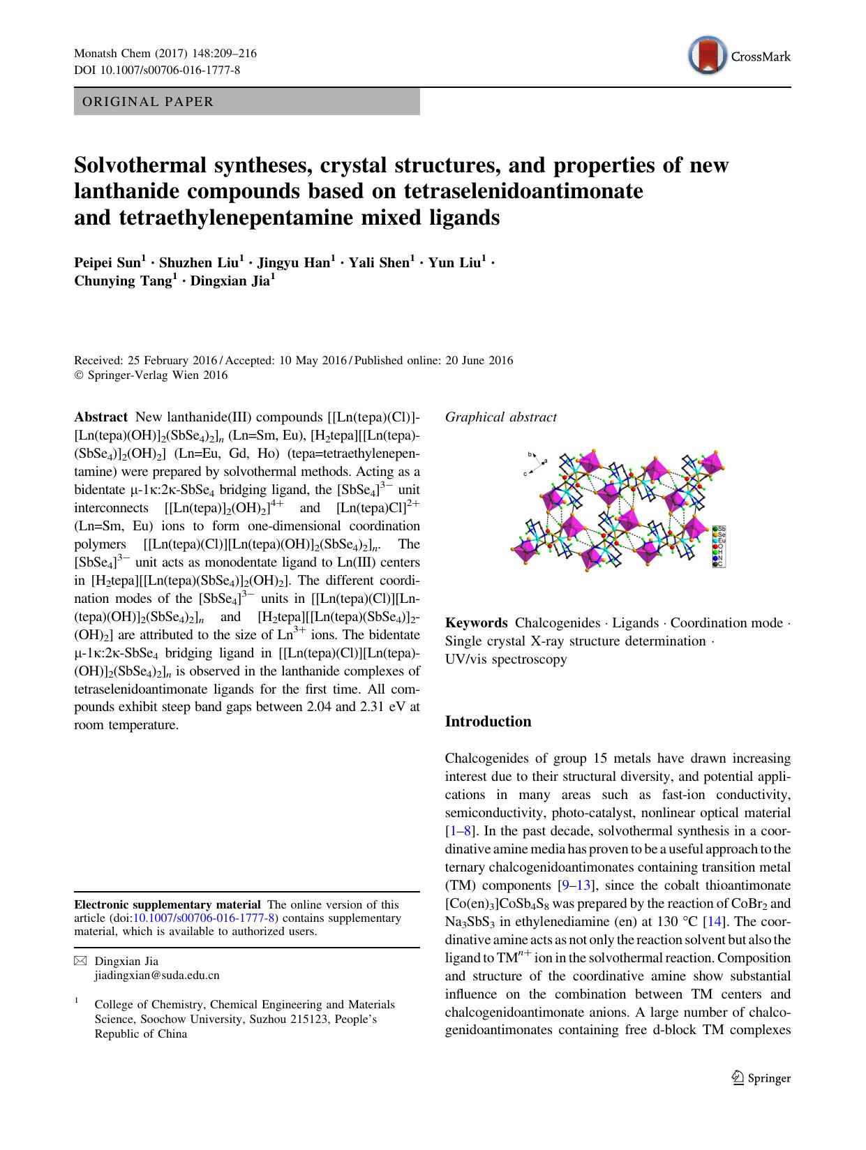 Solvothermal syntheses, crystal structures, and properties of new lanthanide compounds based on tetraselenidoantimonate and tetraethylenepentamine mixed ligands by Peipei Sun & Shuzhen Liu & Jingyu Han & Yali Shen & Yun Liu & Chunying Tang & Dingxian Jia