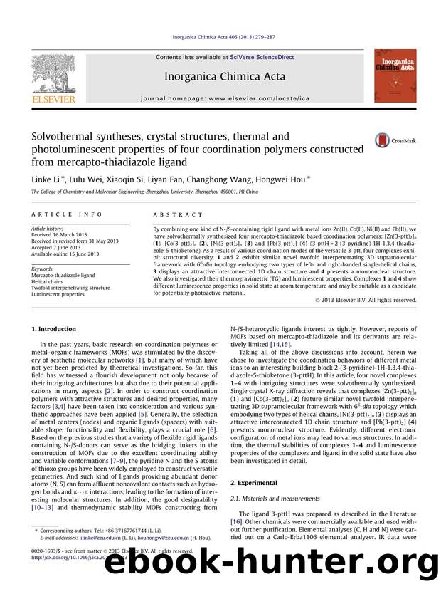 Solvothermal syntheses, crystal structures, thermal and photoluminescent properties of four coordination polymers constructed from mercapto-thiadiazole ligand by Linke Li & Lulu Wei & Xiaoqin Si & Liyan Fan & Changhong Wang & Hongwei Hou