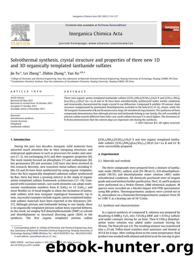 Solvothermal synthesis, crystal structure and properties of three new 1D and 3D organically templated lanthanide sulfates by Jie Fu & Lei Zheng & Zhibin Zhang & Yan Xu