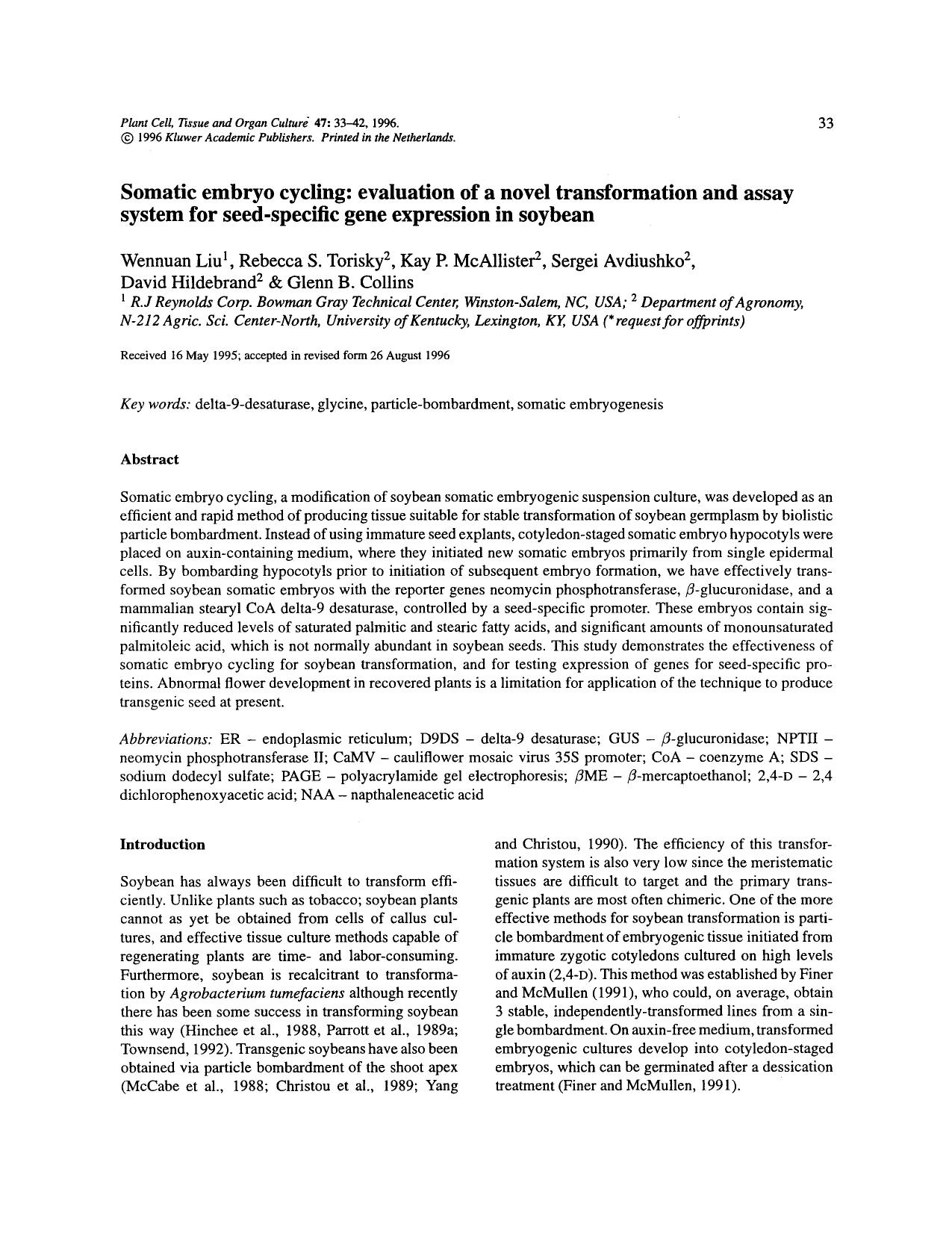 Somatic embryo cycling: Evaluation of a novel transformation and assay system for seed-specific gene expression in soybean by Unknown